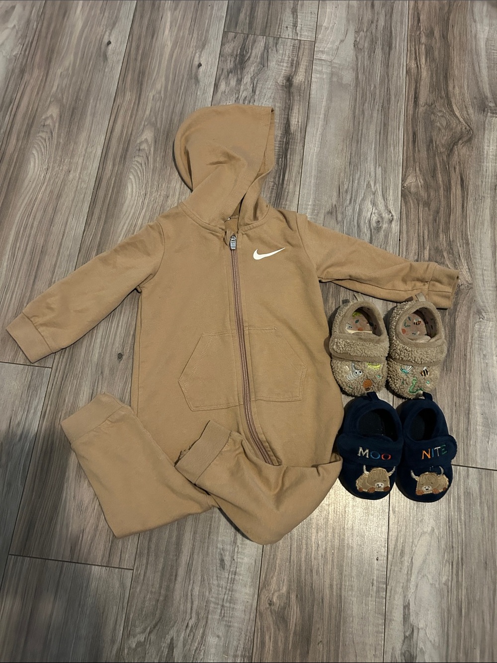 Nike Kids Hooded Zip Jumpsuit in Camel with White Swoosh 18 month